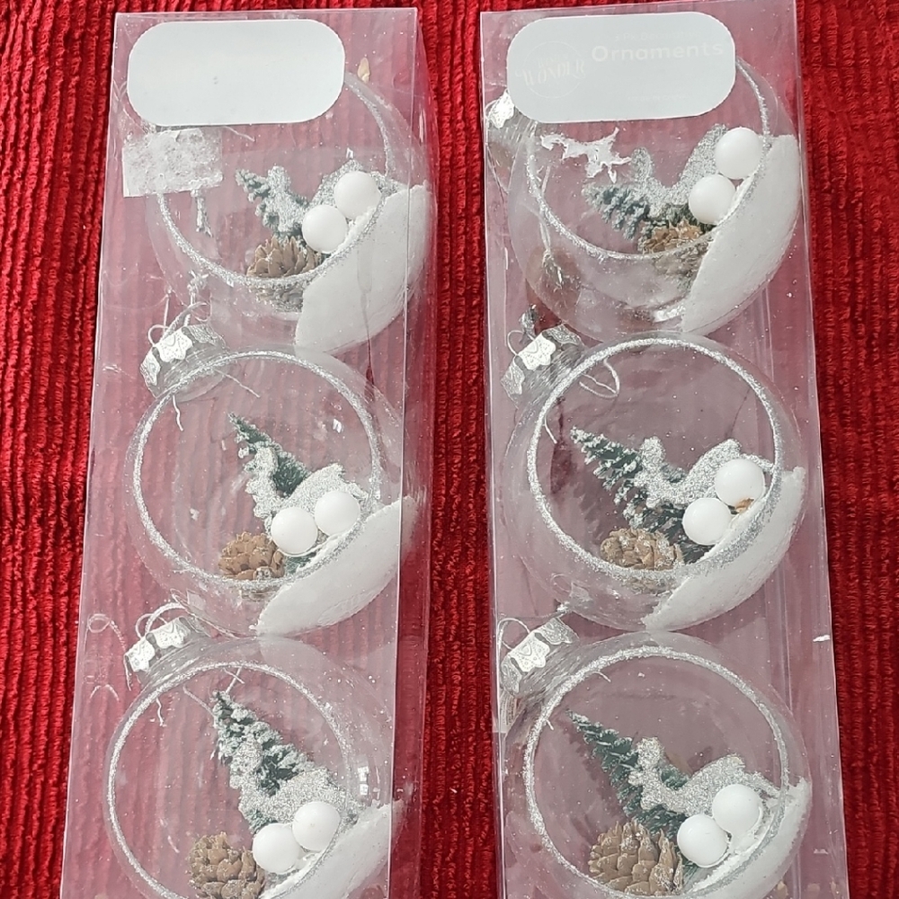 Clear Ornaments with Snowy Trees and Pinecones
